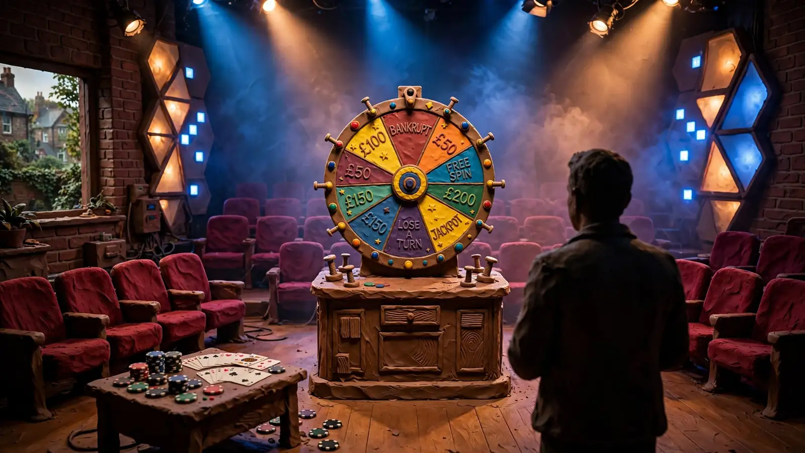 Live game show studio with a colourful prize wheel and dramatic spotlights