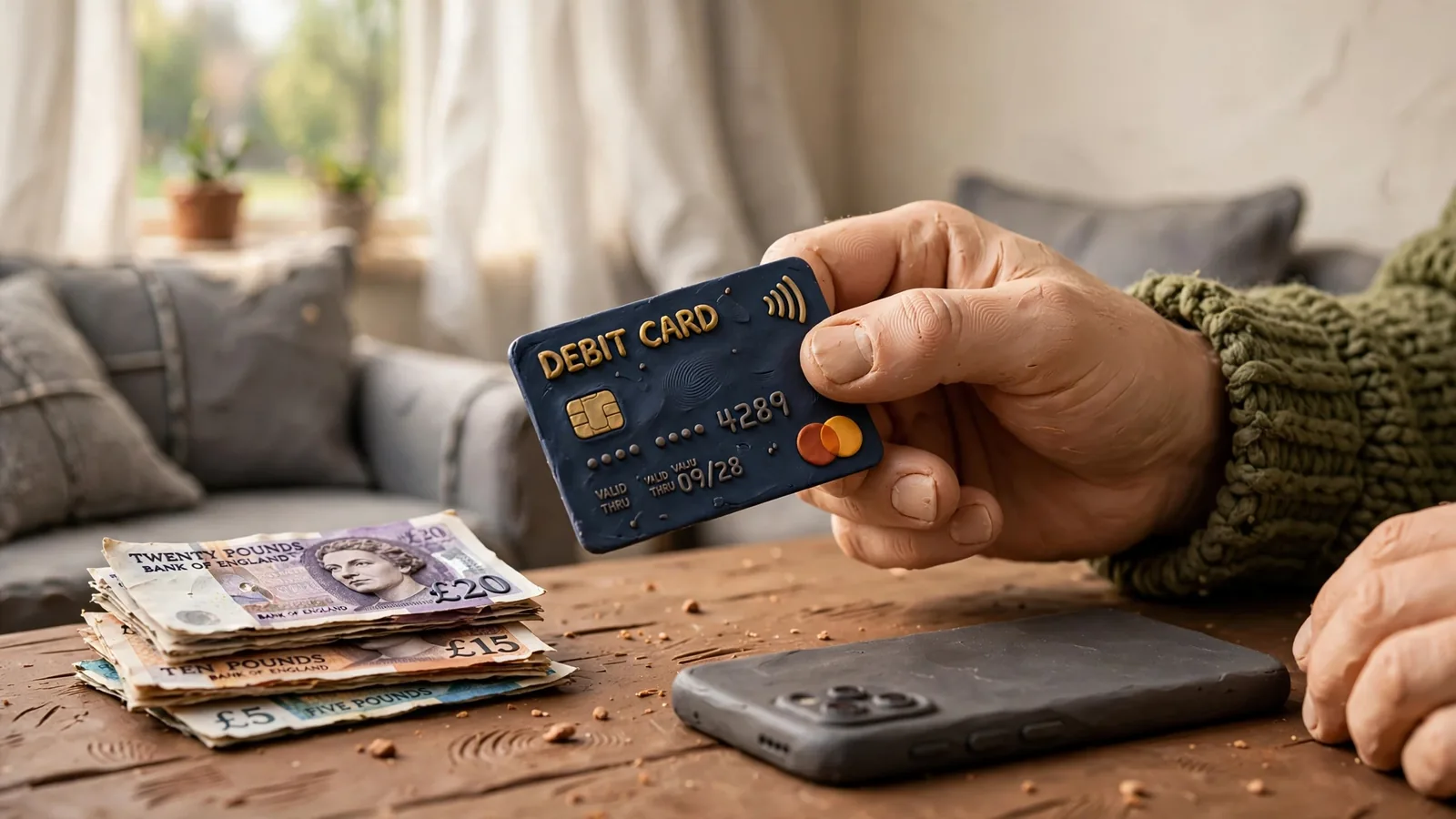 Hands holding a contactless bank card next to a smartphone and pound notes on a table