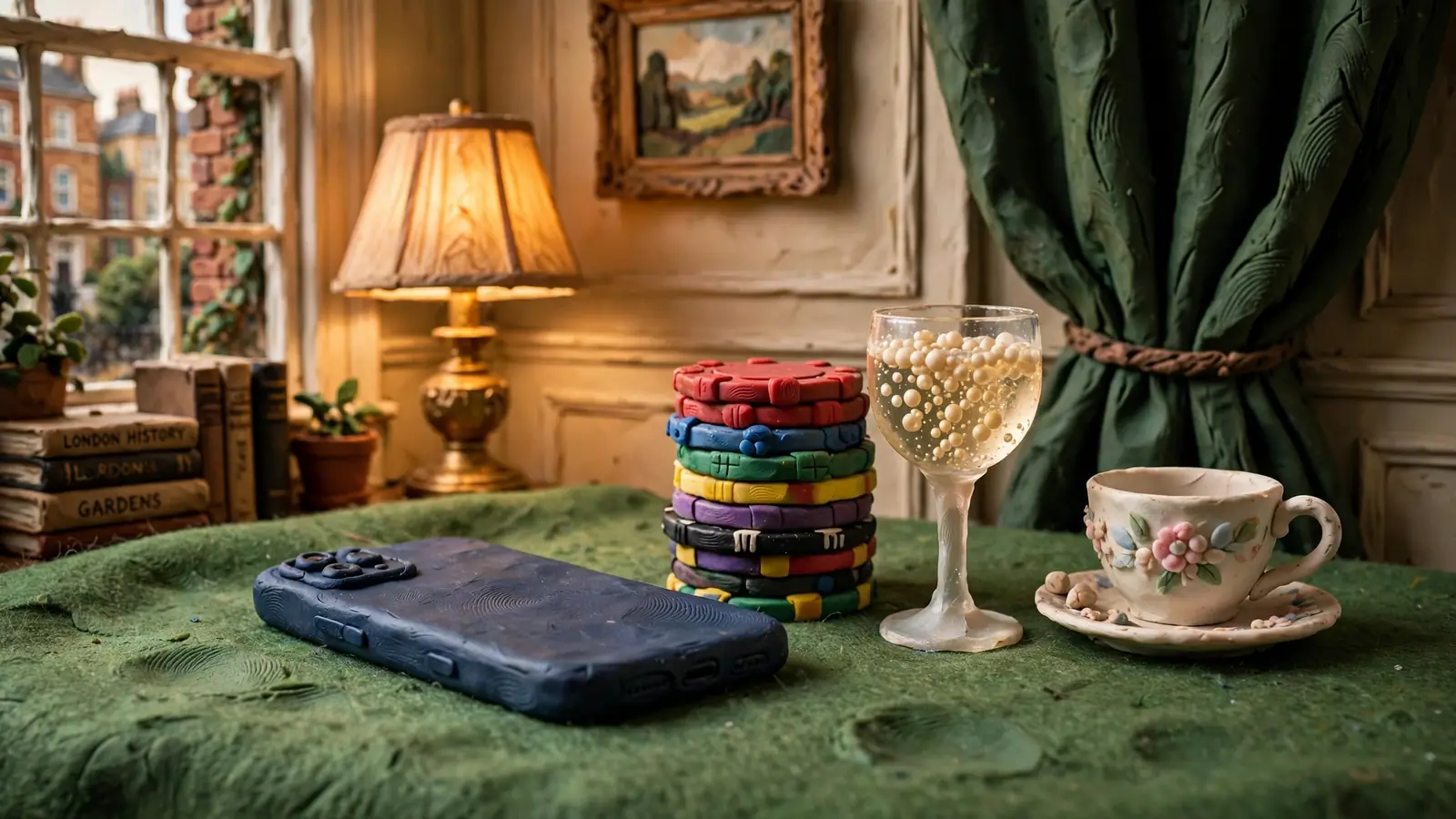 Smartphone face-down on green felt beside casino chips, sparkling wine, and a teacup in a London townhouse