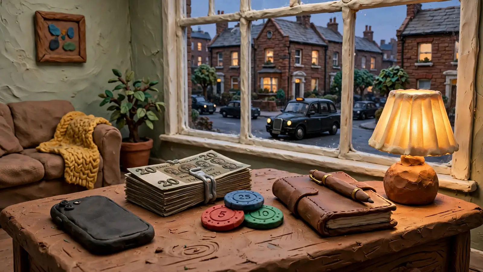Warm-lit British living room scene with cashback-themed table props and a London street view.