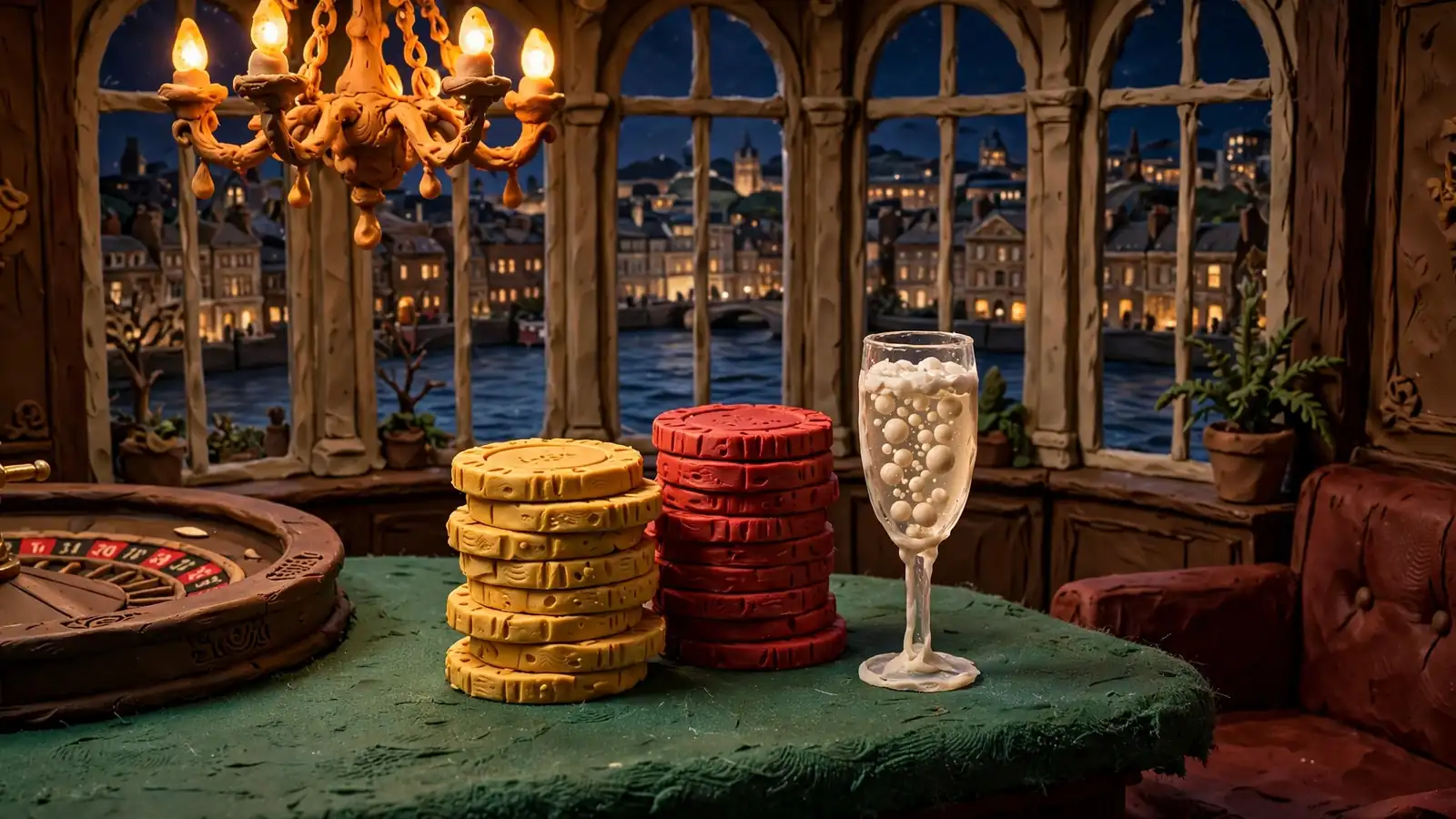 Stacks of casino chips and a champagne glass on a green table in an upscale London casino lounge at night.