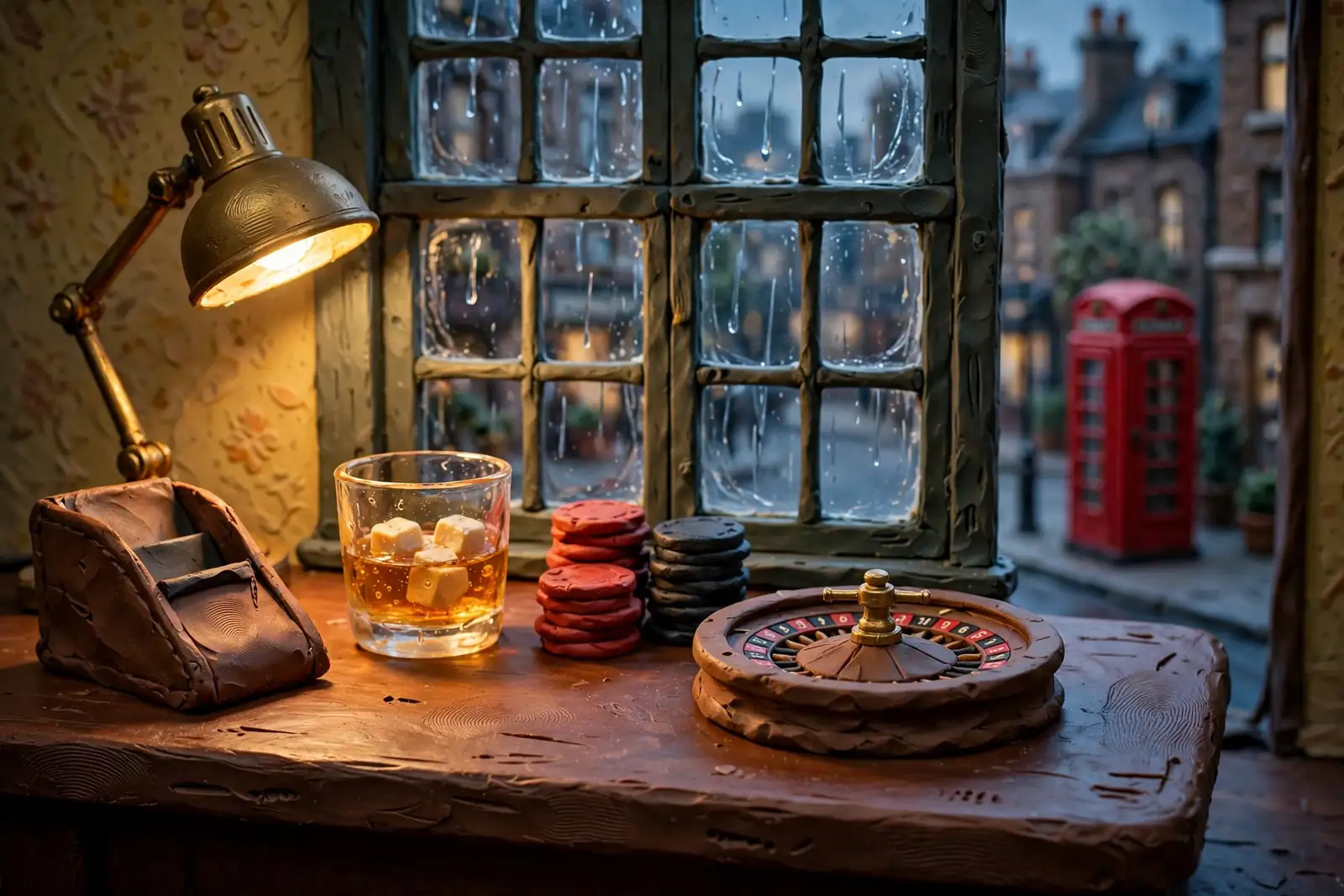 Roulette wheel, casino chips, and whiskey on a wooden table by a rainy London window