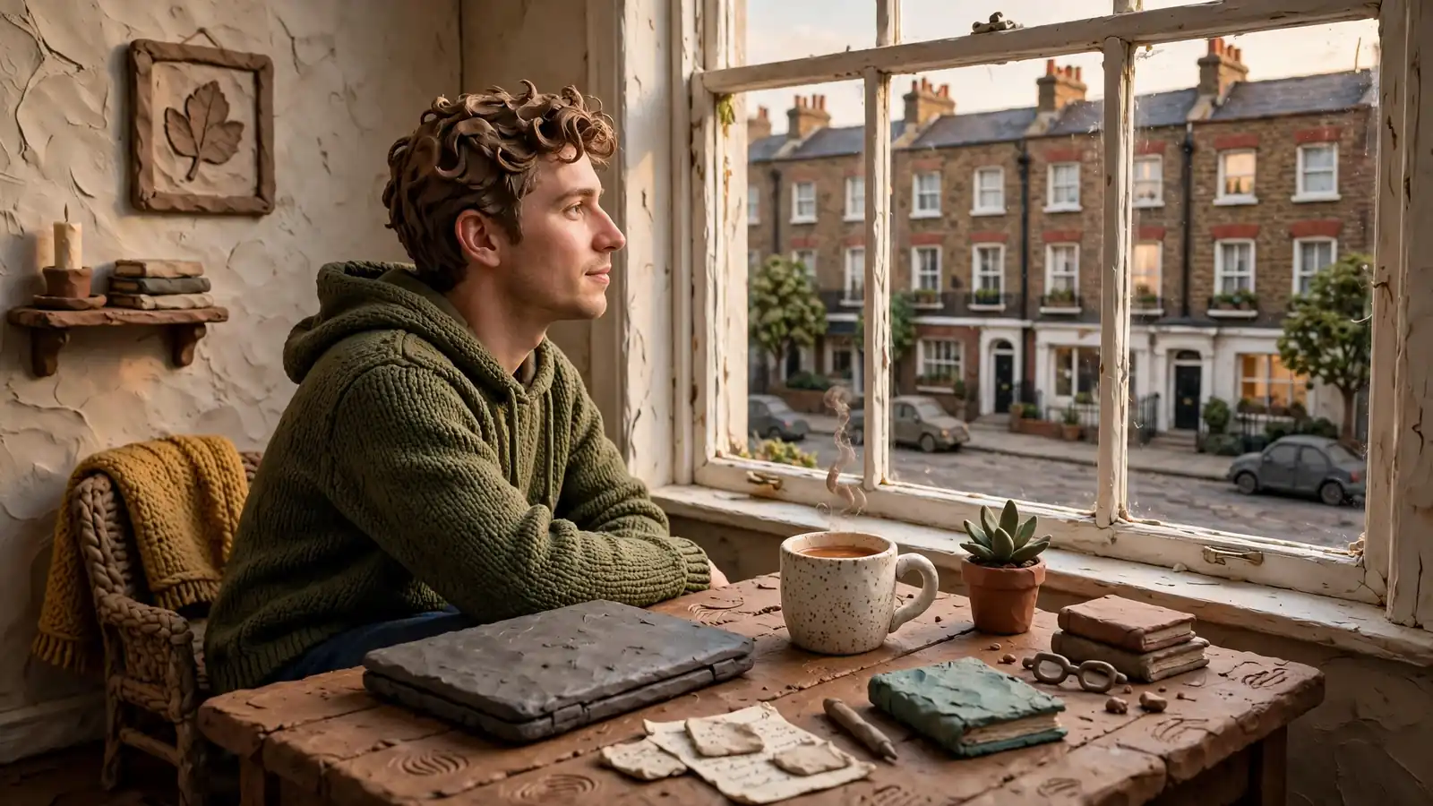 Person at desk with laptop and tea in a London flat