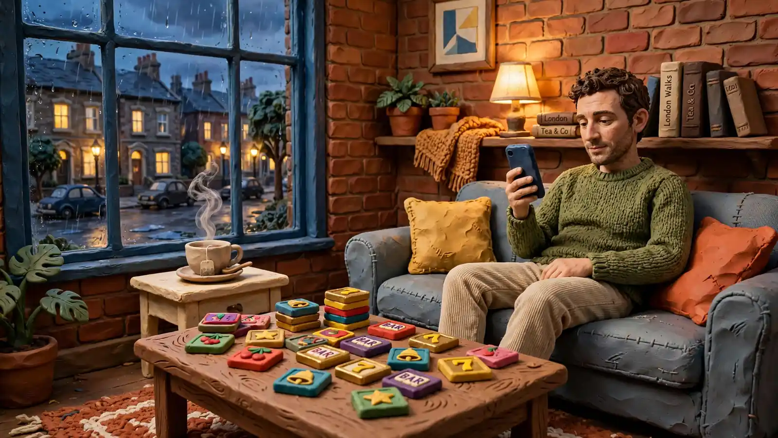 British living room scene with smartphone, tea, and game tiles at dusk