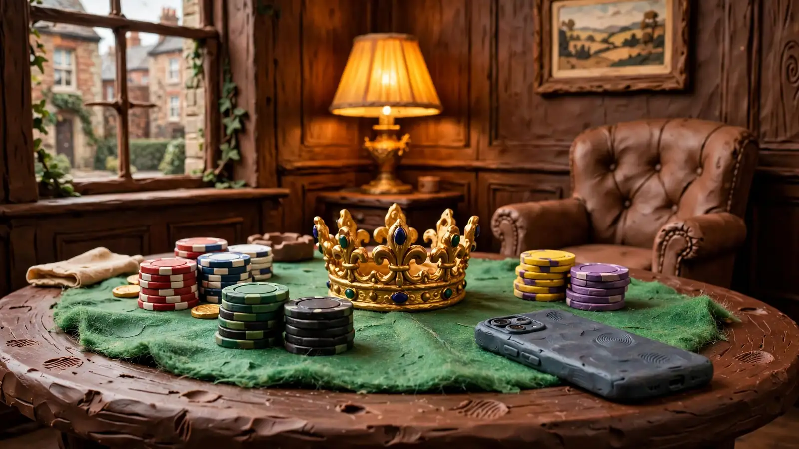 Casino table with stacked chips, golden crown, and face-down smartphone in British club interior