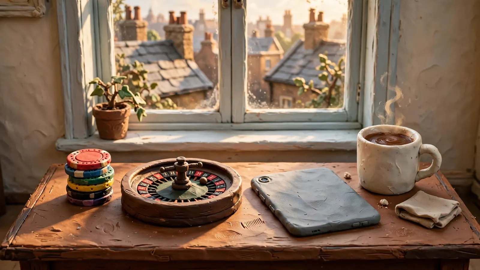 Casino chips and a small roulette wheel on a wooden table in a UK home with city rooftops through a window