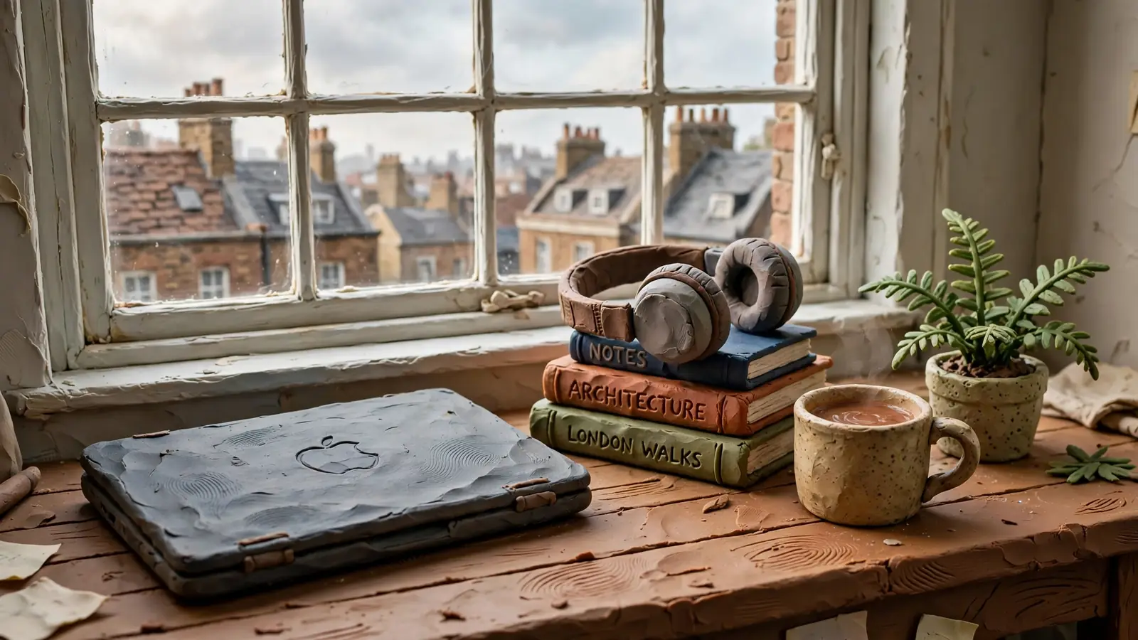 Desk by a window with closed laptop, headphones, tea, and a view of London rooftops.