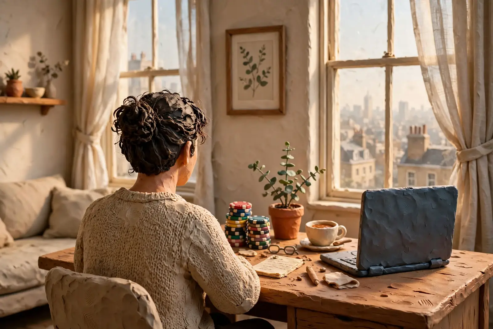 Person at desk in London flat with laptop, casino chips, and teacup by tall windows