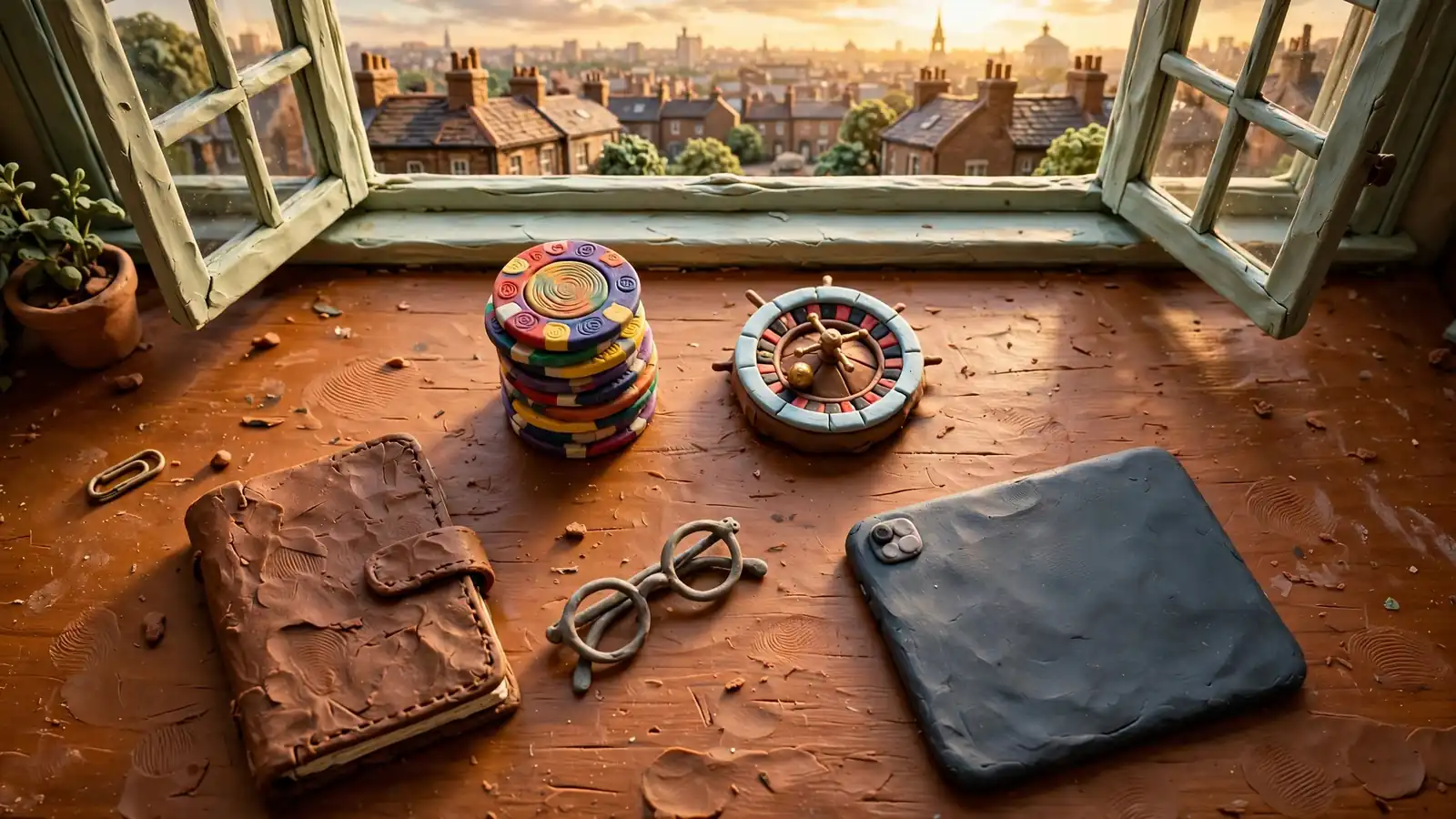 Casino chips and roulette ornament on a London desk at golden hour