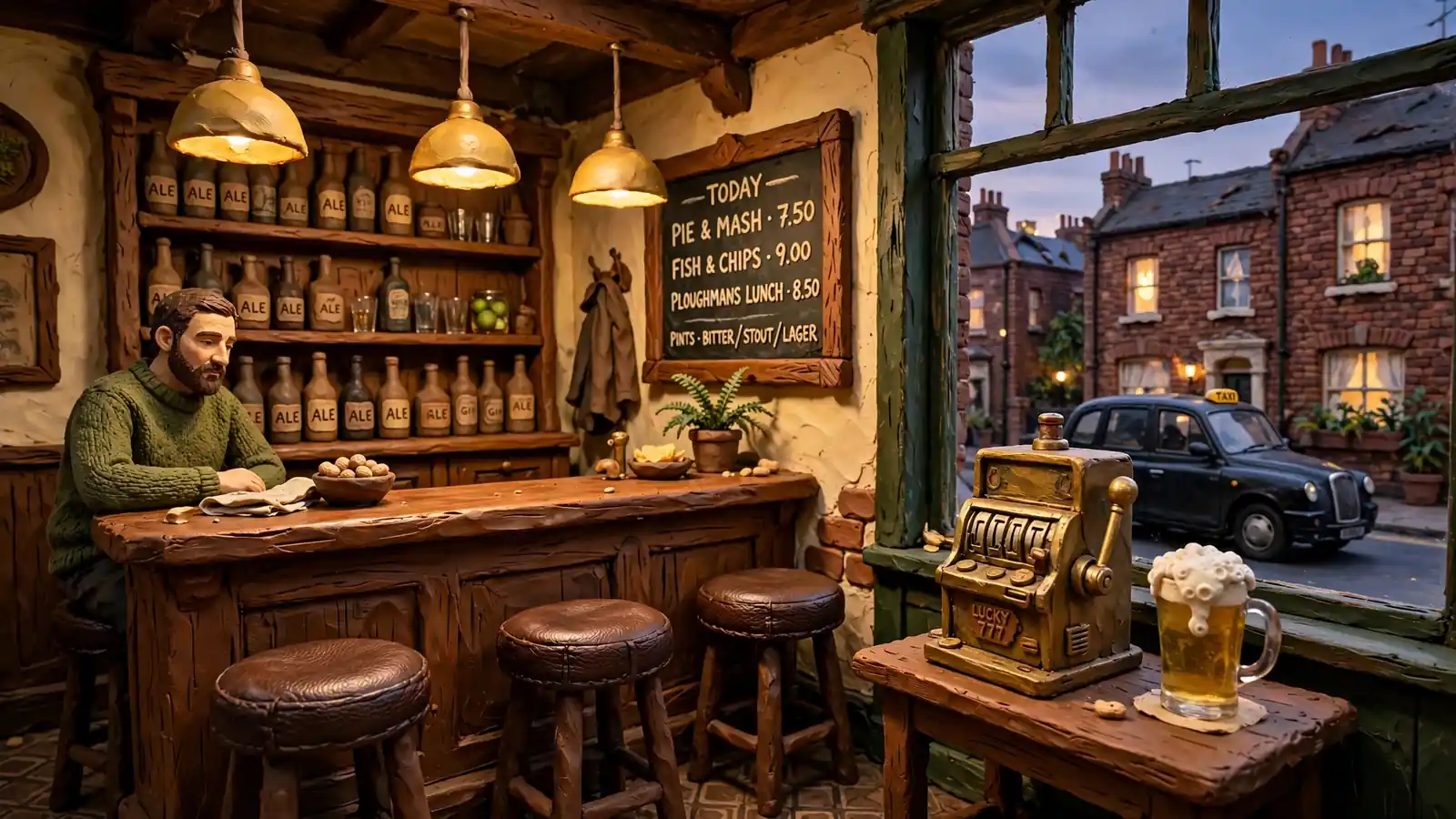 British pub interior with a slot machine on a wooden side table, warm evening lighting, and a London street visible through the window.