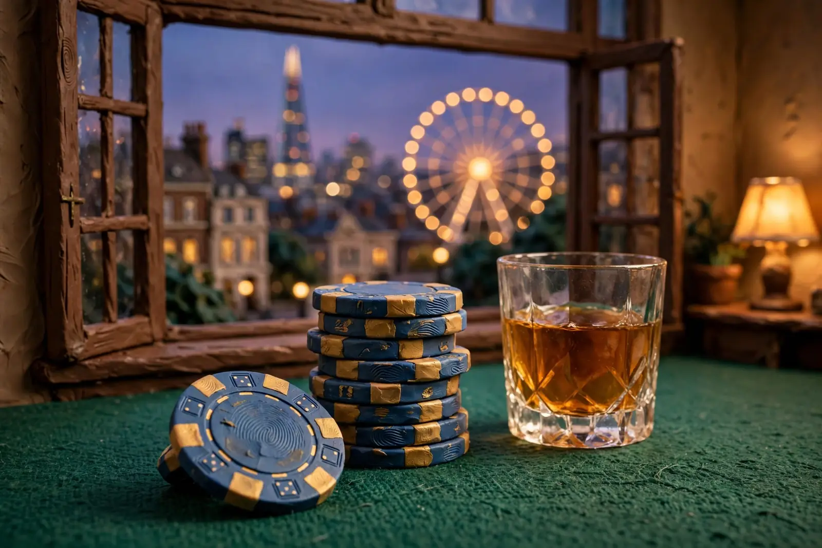Casino chips and whisky on green felt with London skyline at dusk through a window