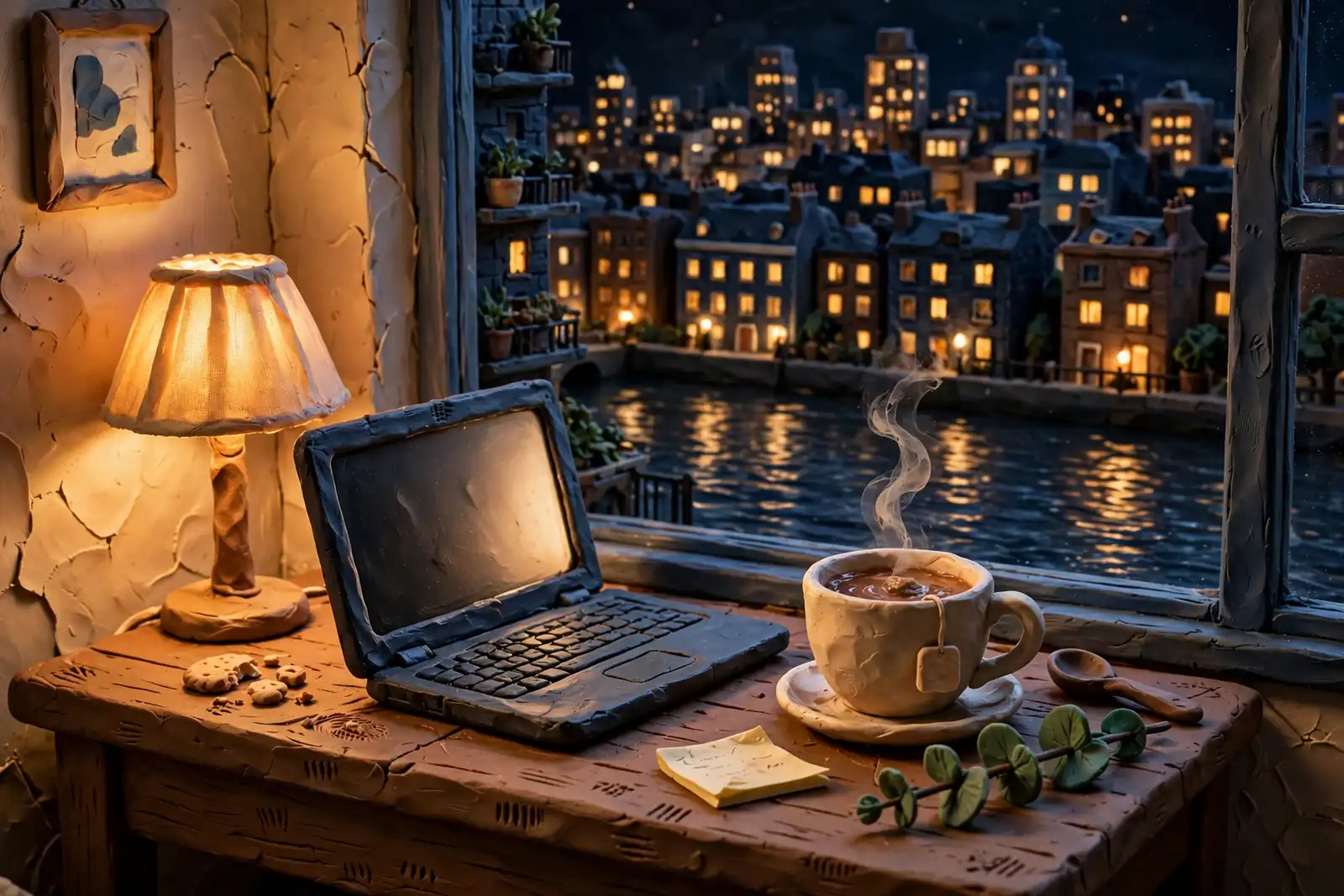 Laptop on a side table in a modern London flat at night with city skyline view.