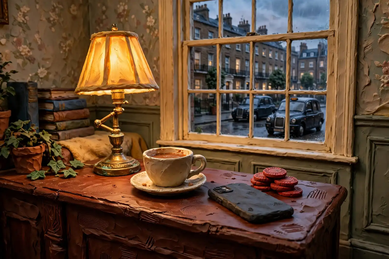 London townhouse table with face-down smartphone, red chips, and teacup under warm lamplight