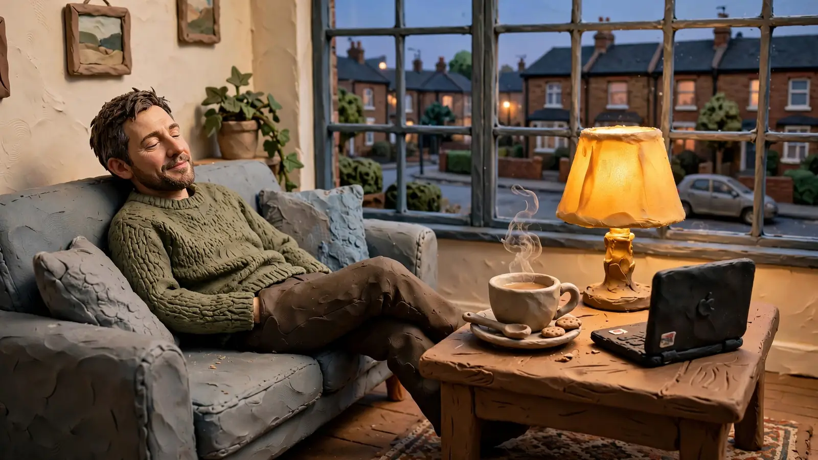 Person relaxing in a British living room with a laptop and cup of tea at dusk.