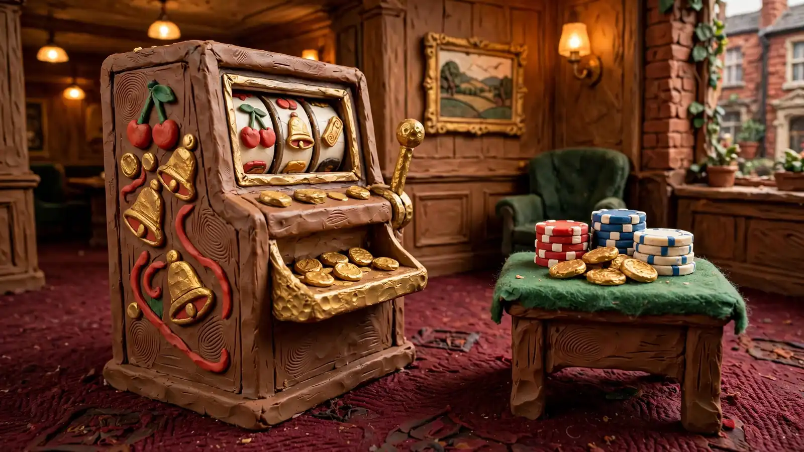 Classic slot machine with retro fruit symbols in a warmly lit British casino lounge.