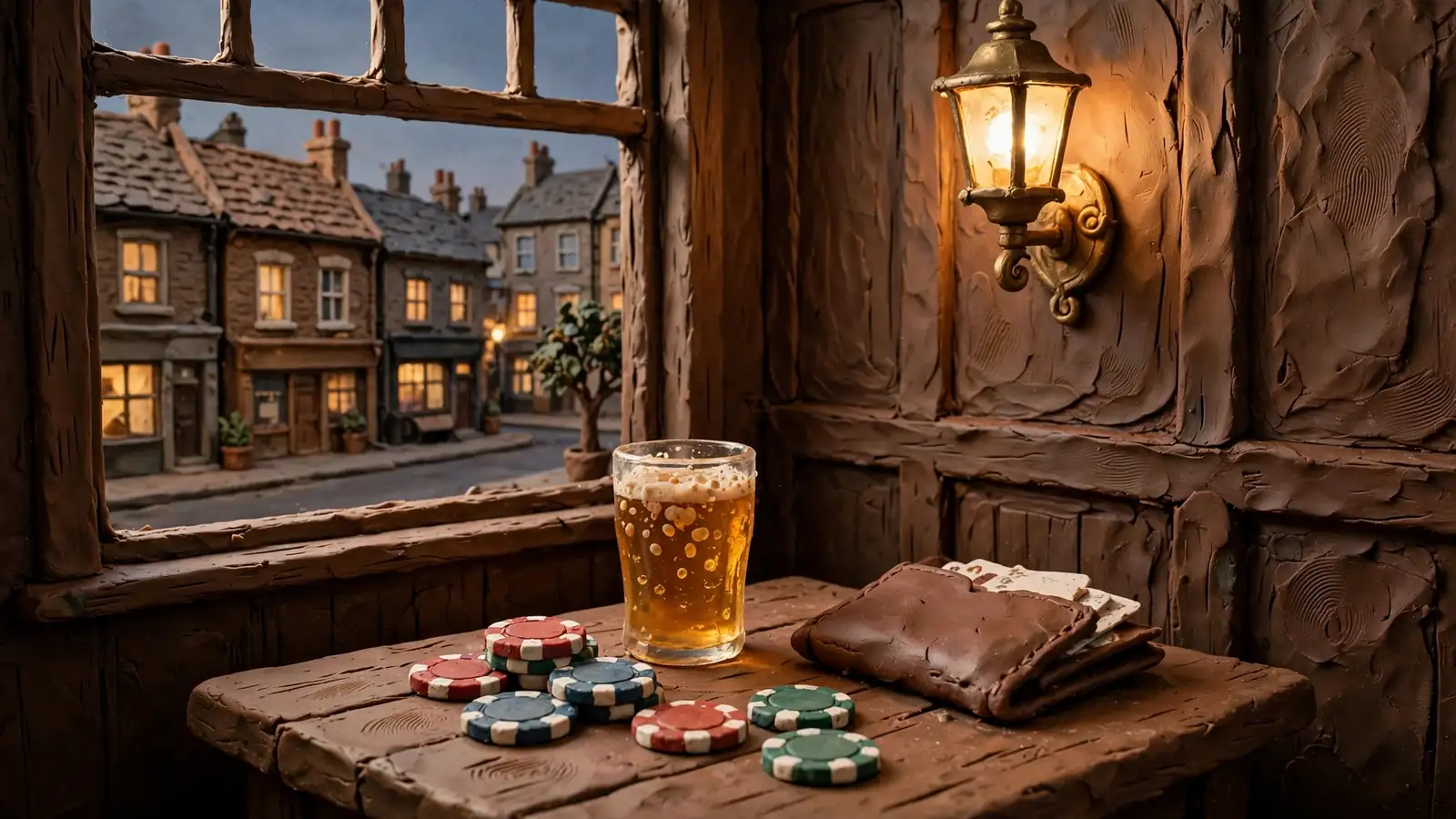 Traditional British pub table with poker chips and ale by warm lamplight