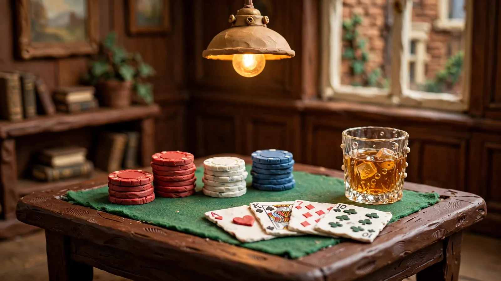 Casino table with poker chips, playing cards, and warm lighting in a British interior