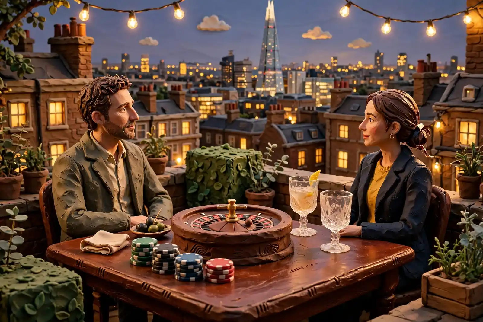 London rooftop with roulette wheel, chips, and skyline at dusk.