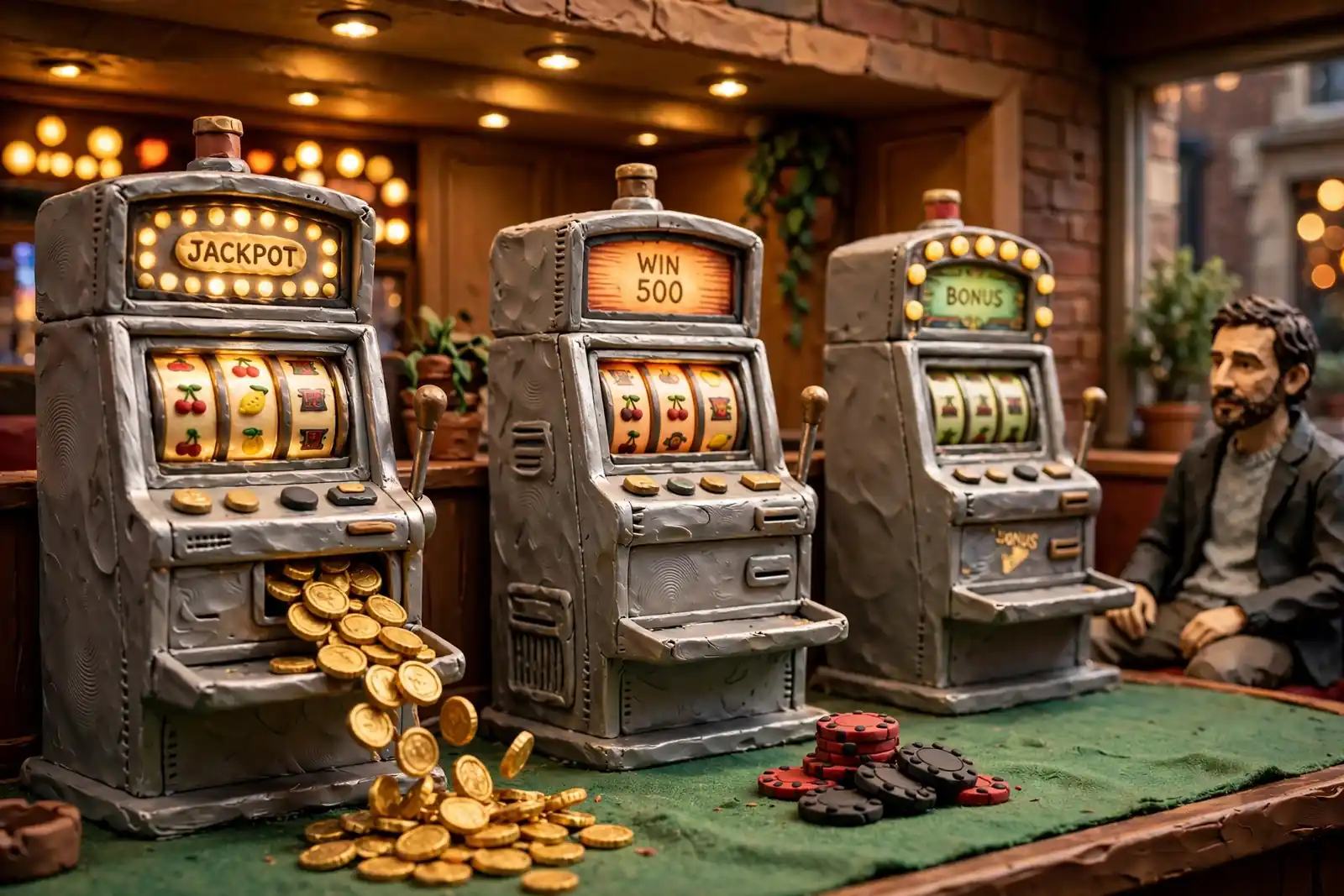 Modern casino slot machine with gold coins spilling from the payout tray onto green felt.