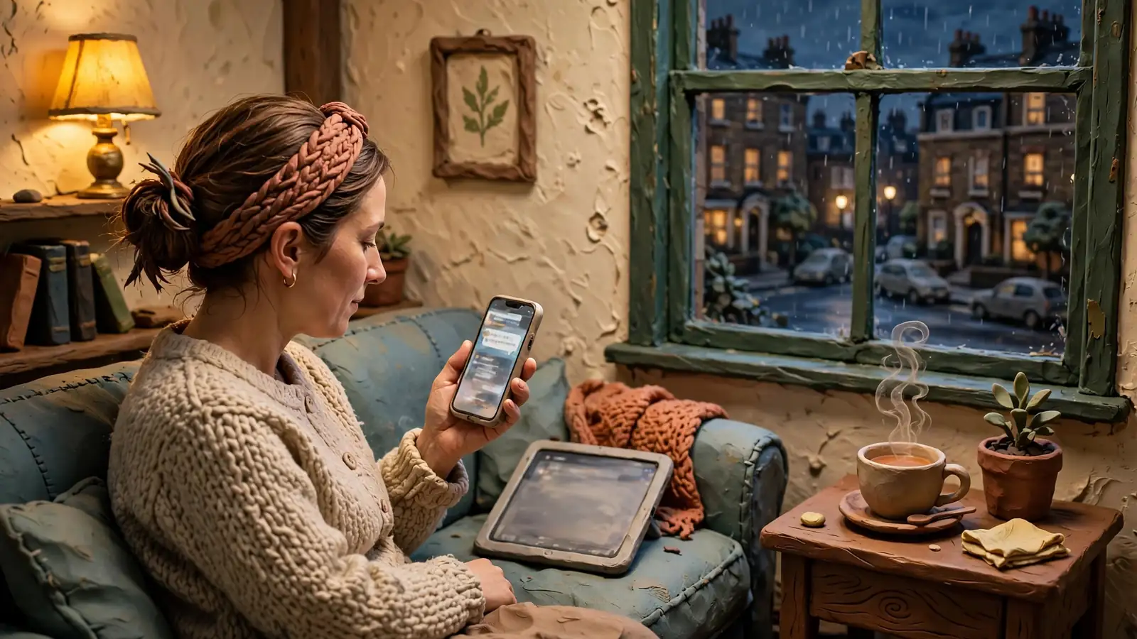 Person relaxing at home in London with a smartphone, warm lamp light, tea and a rainy street outside.