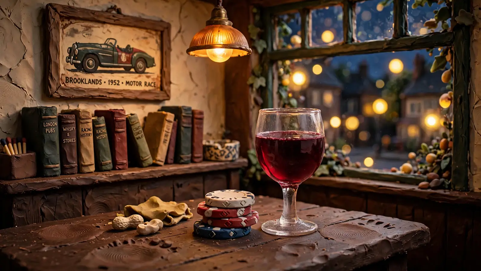 Casino chips and wine glass on a pub table in a traditional British pub.