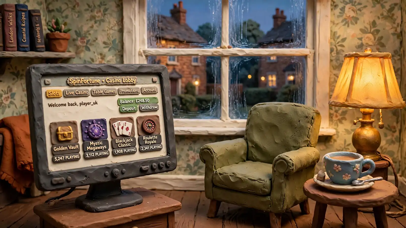 UK online casino lobby on monitor in a British living room with tea and rain outside