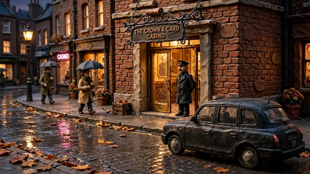 Evening view of a London casino entrance with warm glow and passing black cab.