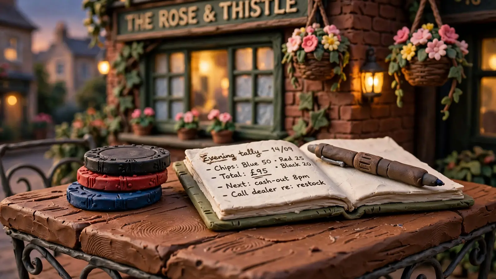 Casino chips and handwritten notes on a wooden table outside a British pub.