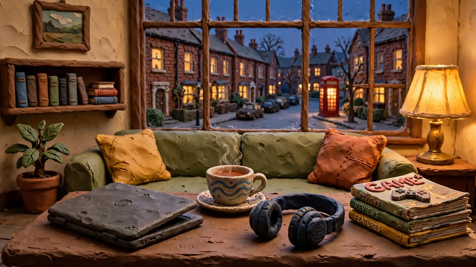 British living room scene with laptop, tea, and a London street view at dusk.