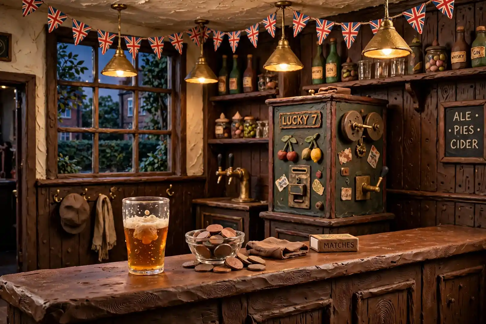 Traditional British pub interior with a vintage fruit machine and pint of ale on the bar.