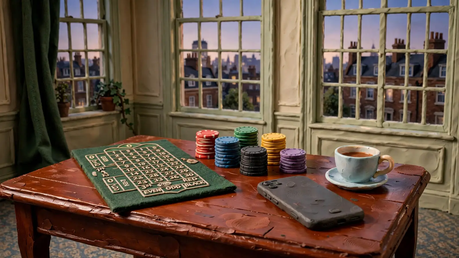 Casino chips and roulette wheel on a table in a London townhouse.