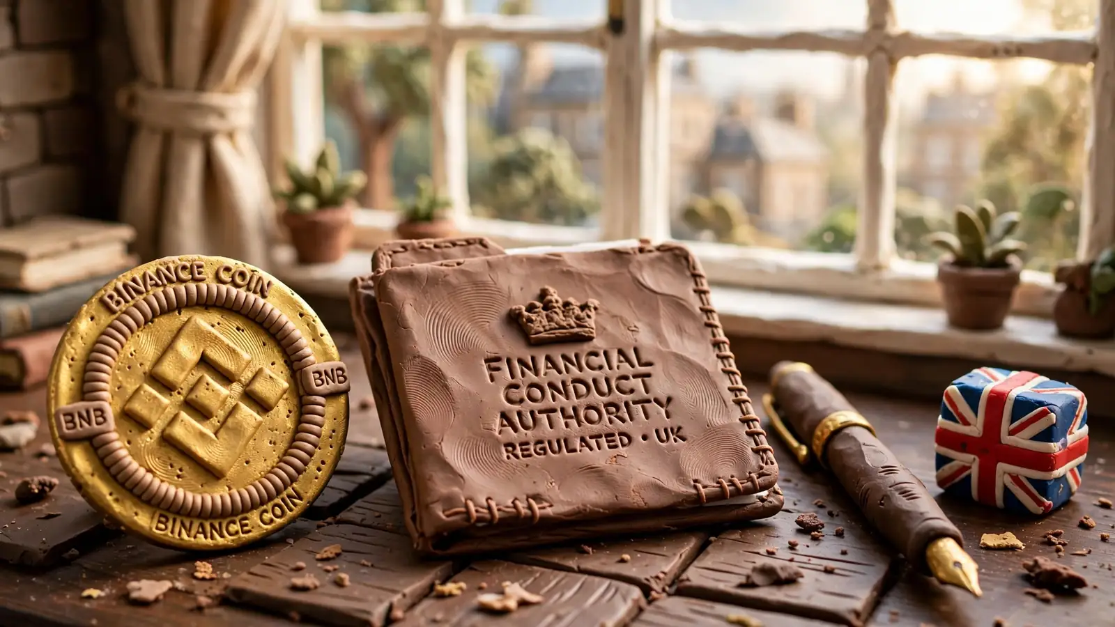Gold BNB coin on a desk with UK regulatory documents and a Union Jack paperweight.