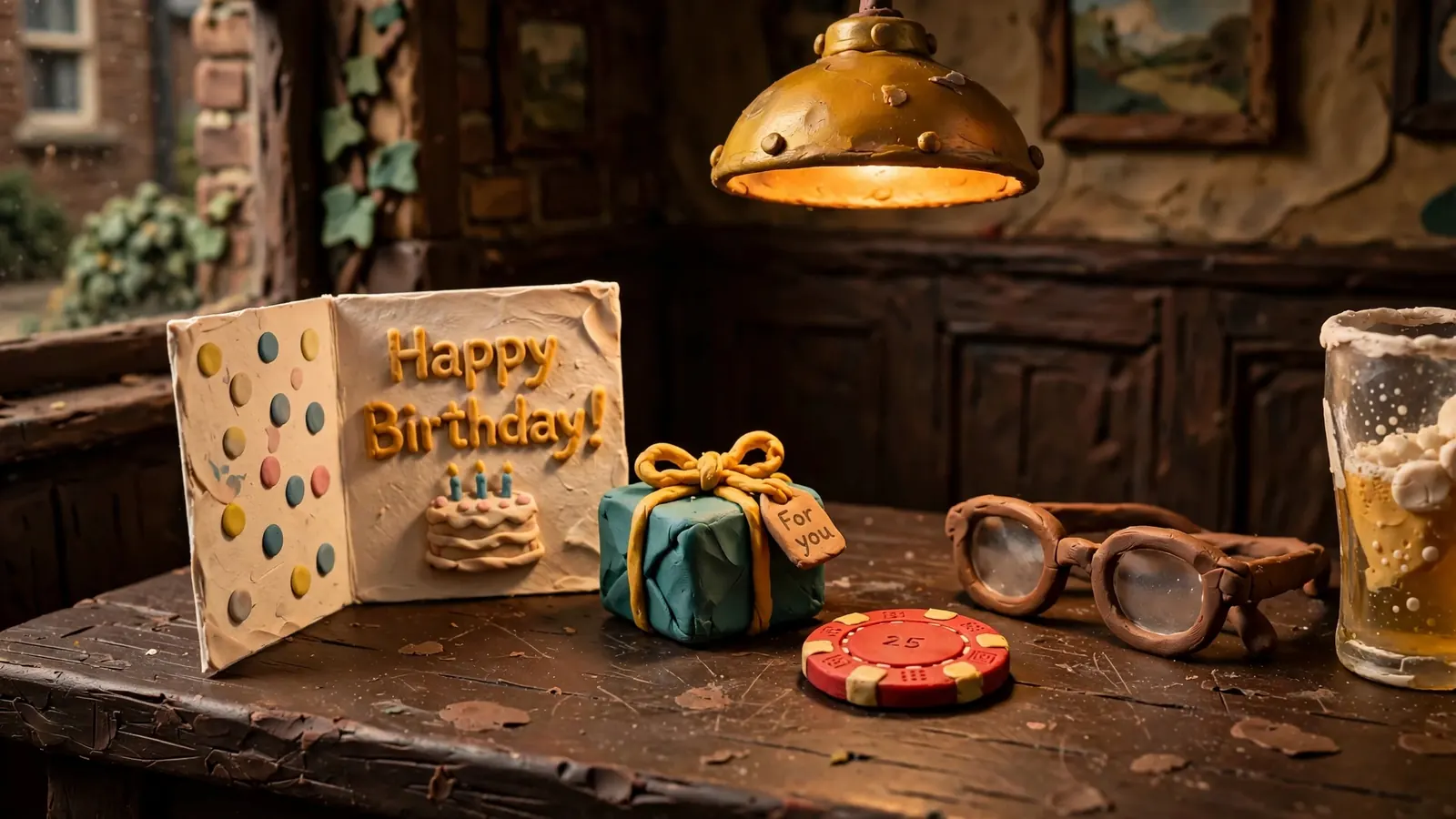Birthday card, wrapped gift, casino chip, and reading glasses on a British pub table