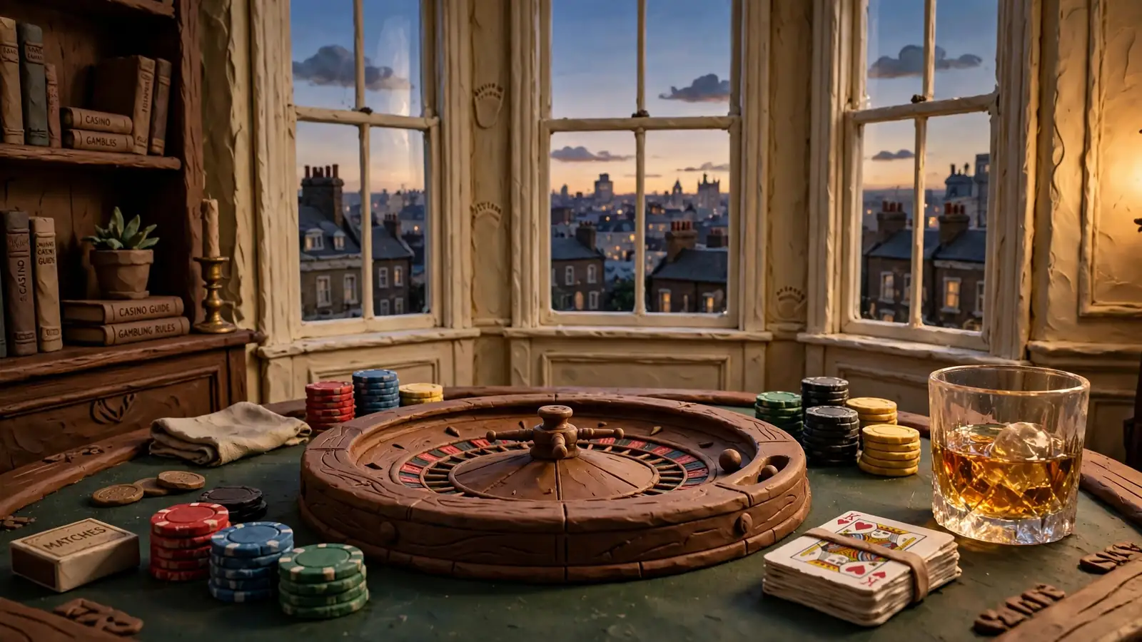 Roulette wheel, casino chips and playing cards on a polished table with a London skyline at dusk.