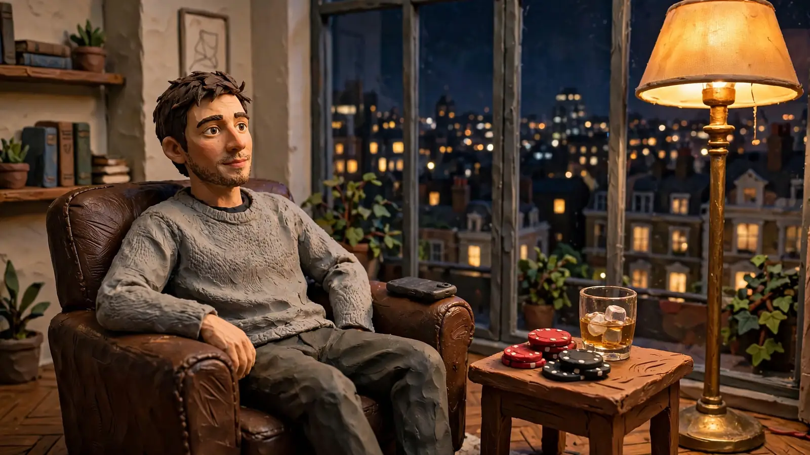 Man relaxing in a London flat with casino chips and hidden phone screen at night