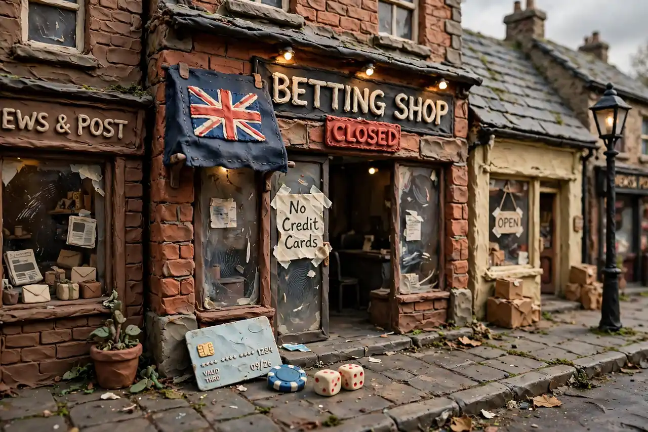 Closed UK betting shop entrance with no-credit-cards notice and a discarded credit card outside