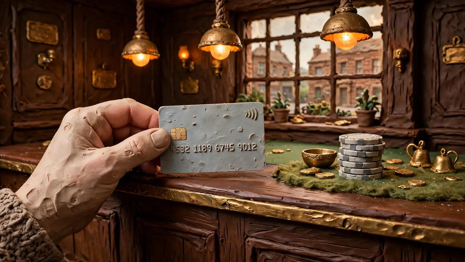 Hand holding a debit card at a UK casino cashier counter.
