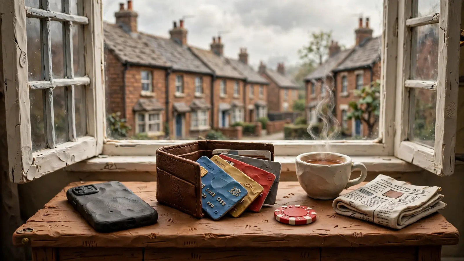 UK side table with smartphone, open wallet, poker chip, and tea by a window