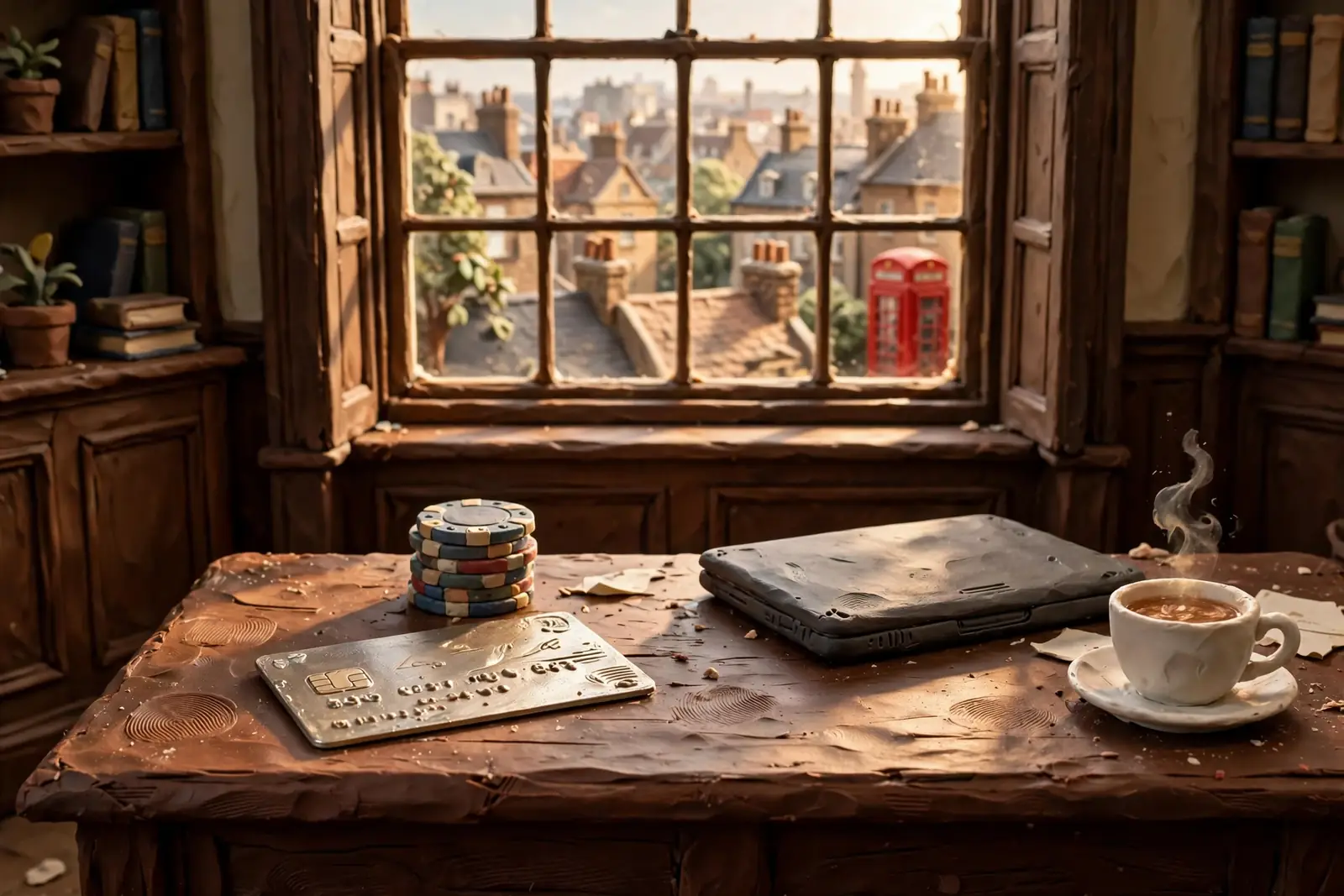 British study desk with payment card, casino chips, closed laptop and a cup of tea by a sunlit window