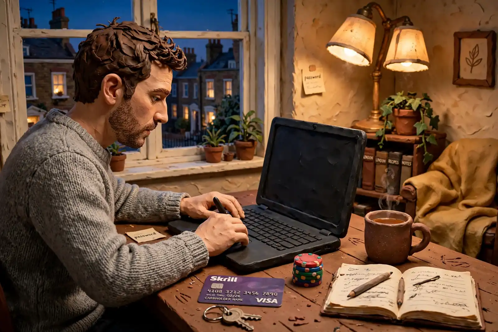 Person signing in on a laptop with a Skrill card and casino chips on a desk.
