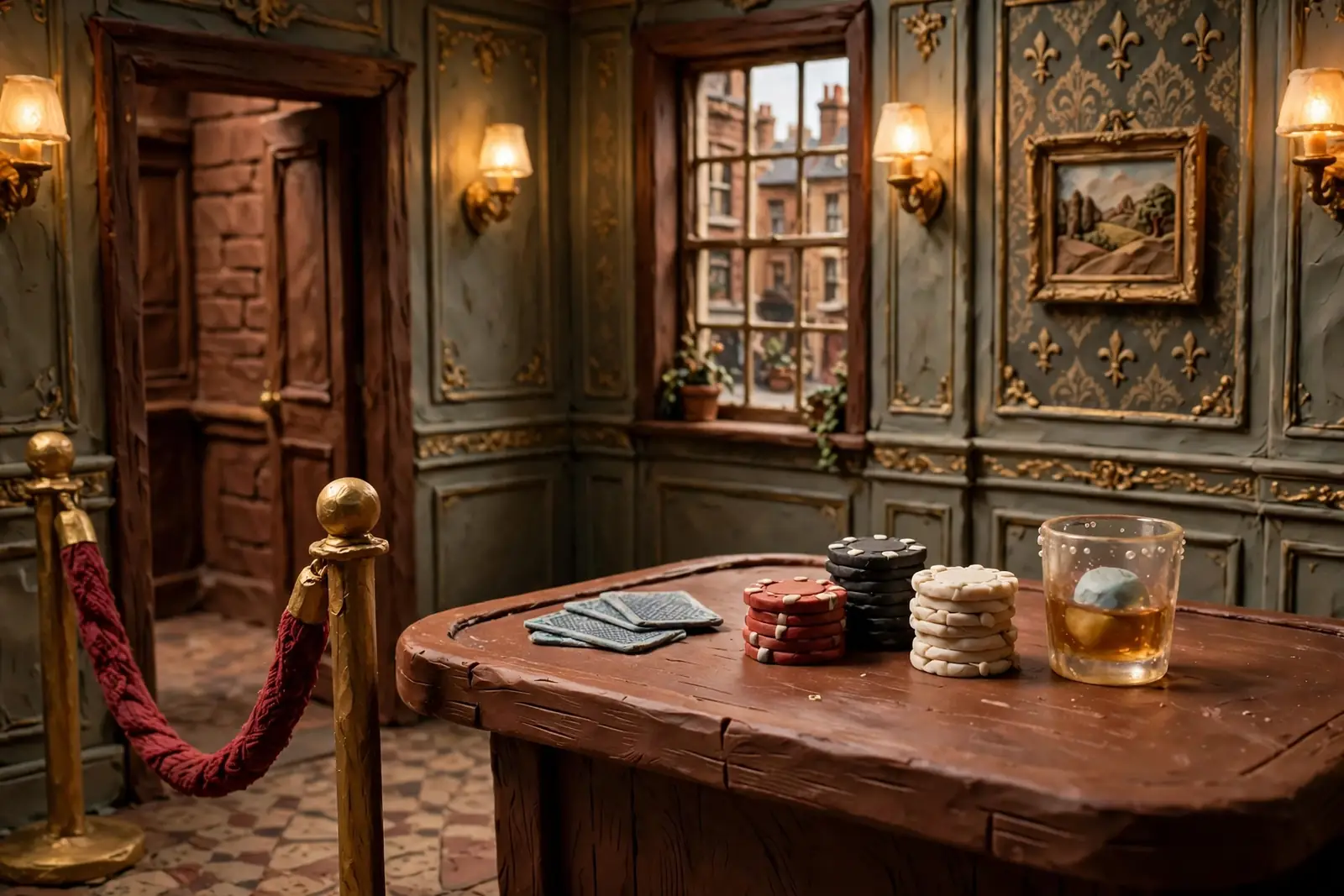 Elegant private VIP gaming lounge with stacked chips and whisky on a wooden table.