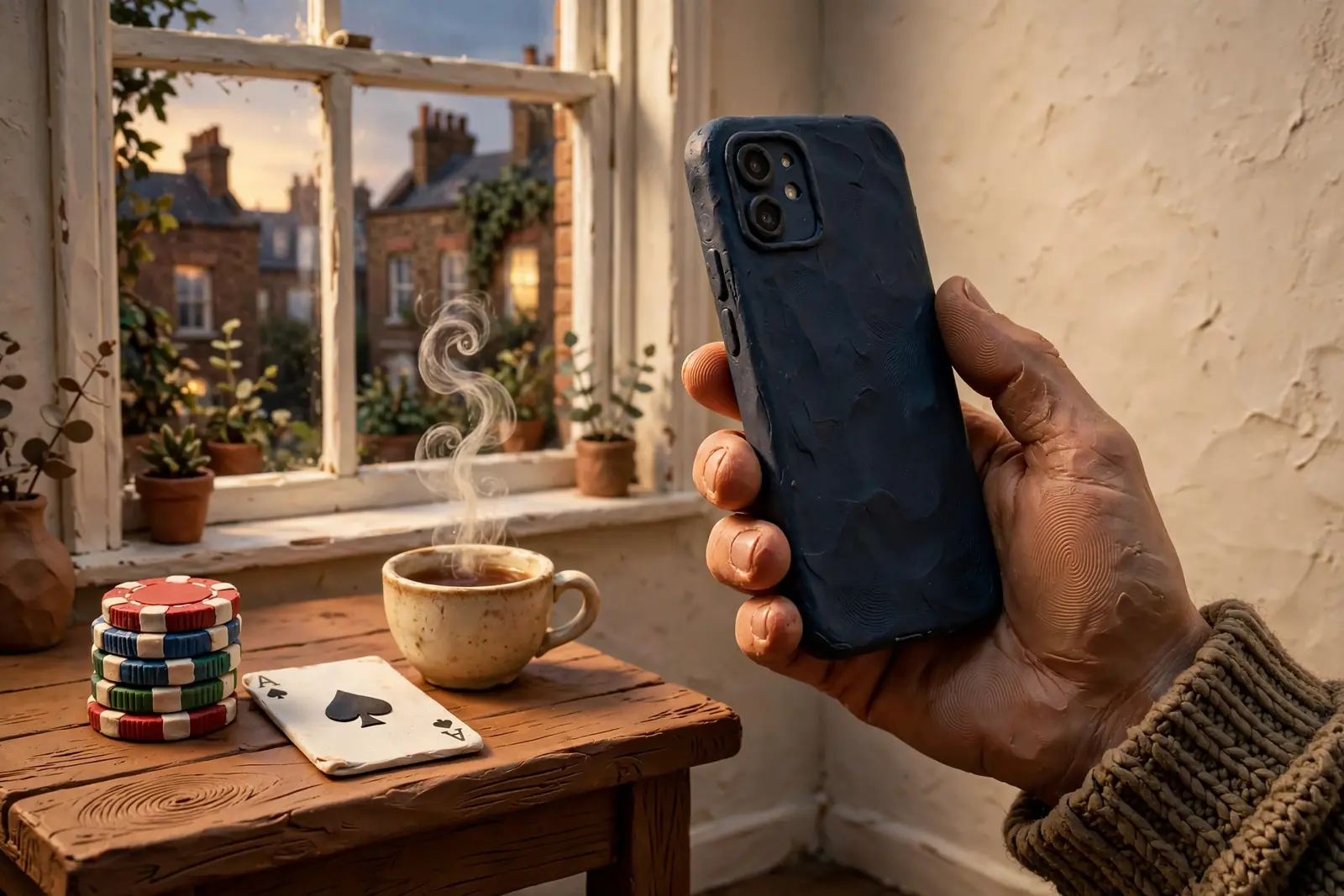 Hand holding a smartphone near poker chips, an Ace of Spades, and a cup of tea in a London flat.