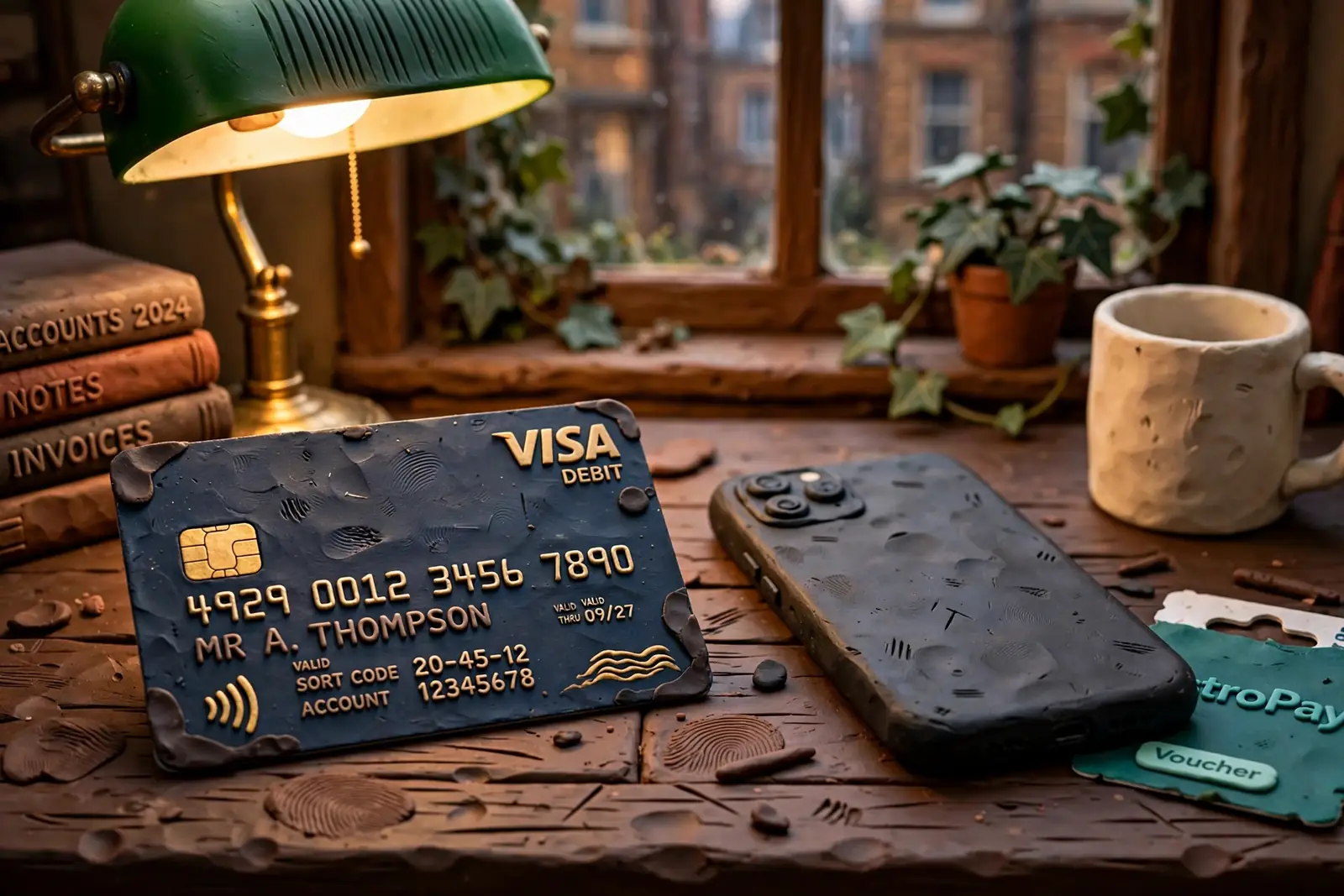 UK bank card, smartphone and AstroPay voucher on a desk.