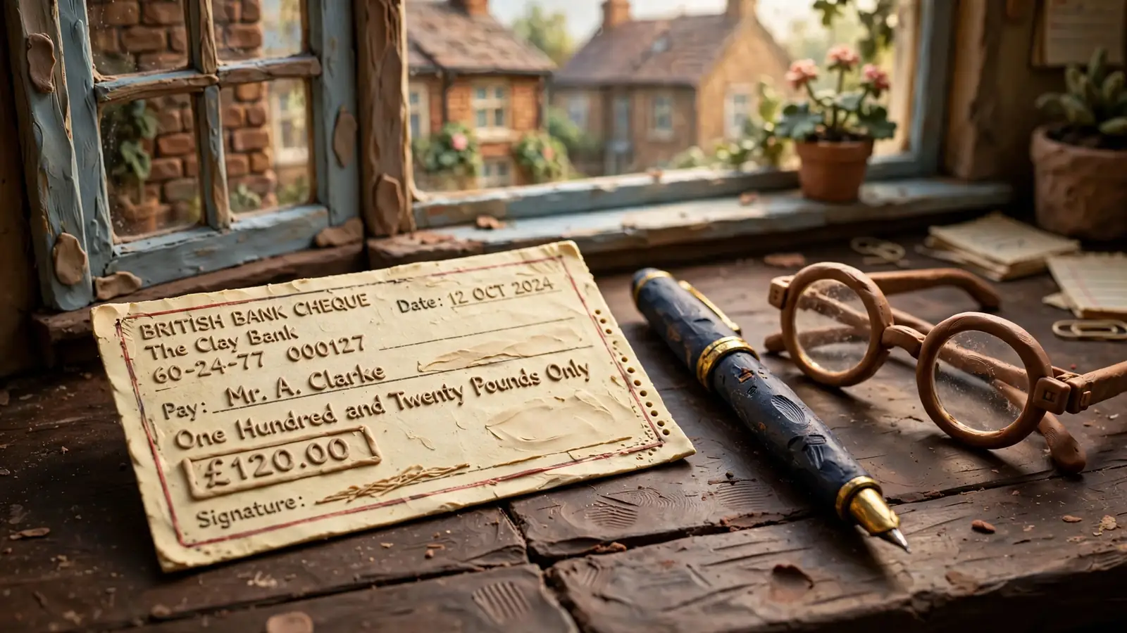 British bank cheque on a wooden desk with pen and glasses
