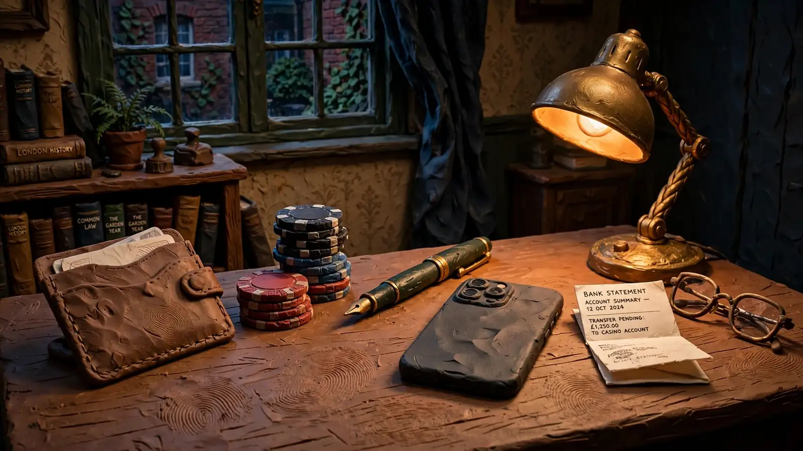Casino chips, cardholder, and a face-down smartphone on a wooden desk by warm lamplight.