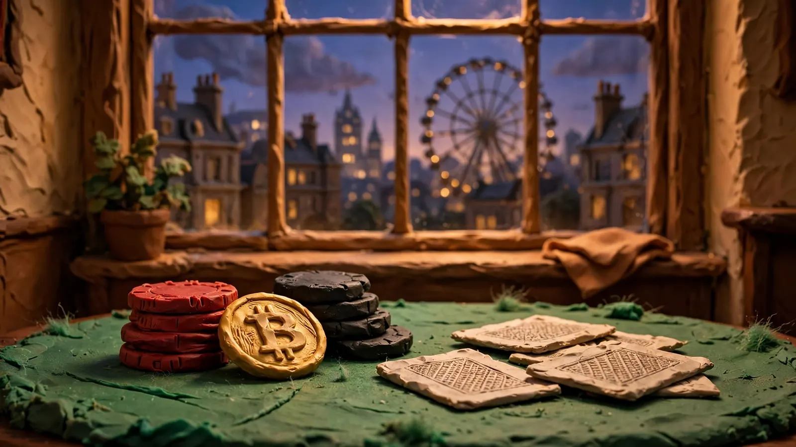 Casino chips and a gold crypto token on green felt, London skyline at dusk