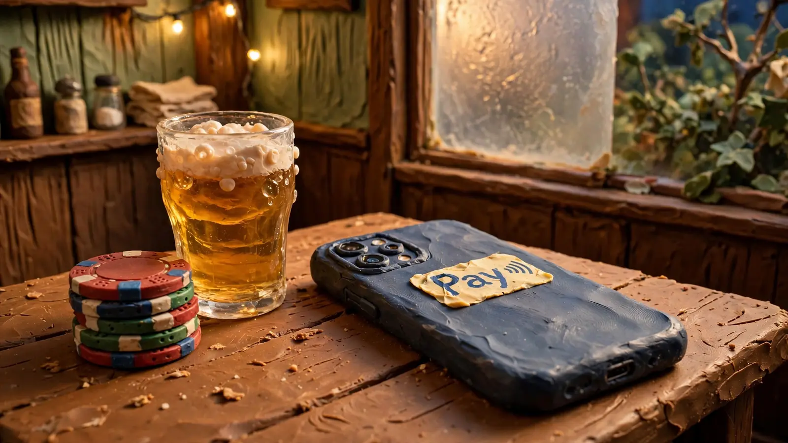 Smartphone with payment sticker on a UK pub table with chips and ale.