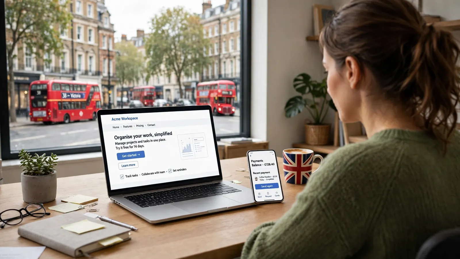 British office with laptop, phone and Union Jack coffee mug.