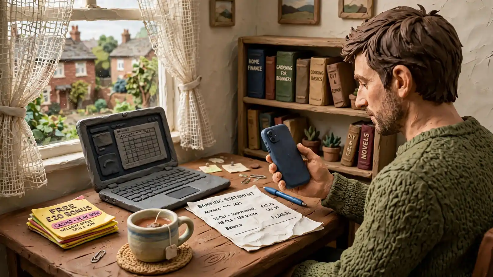 Person checking a payment method on a phone beside a laptop and tea