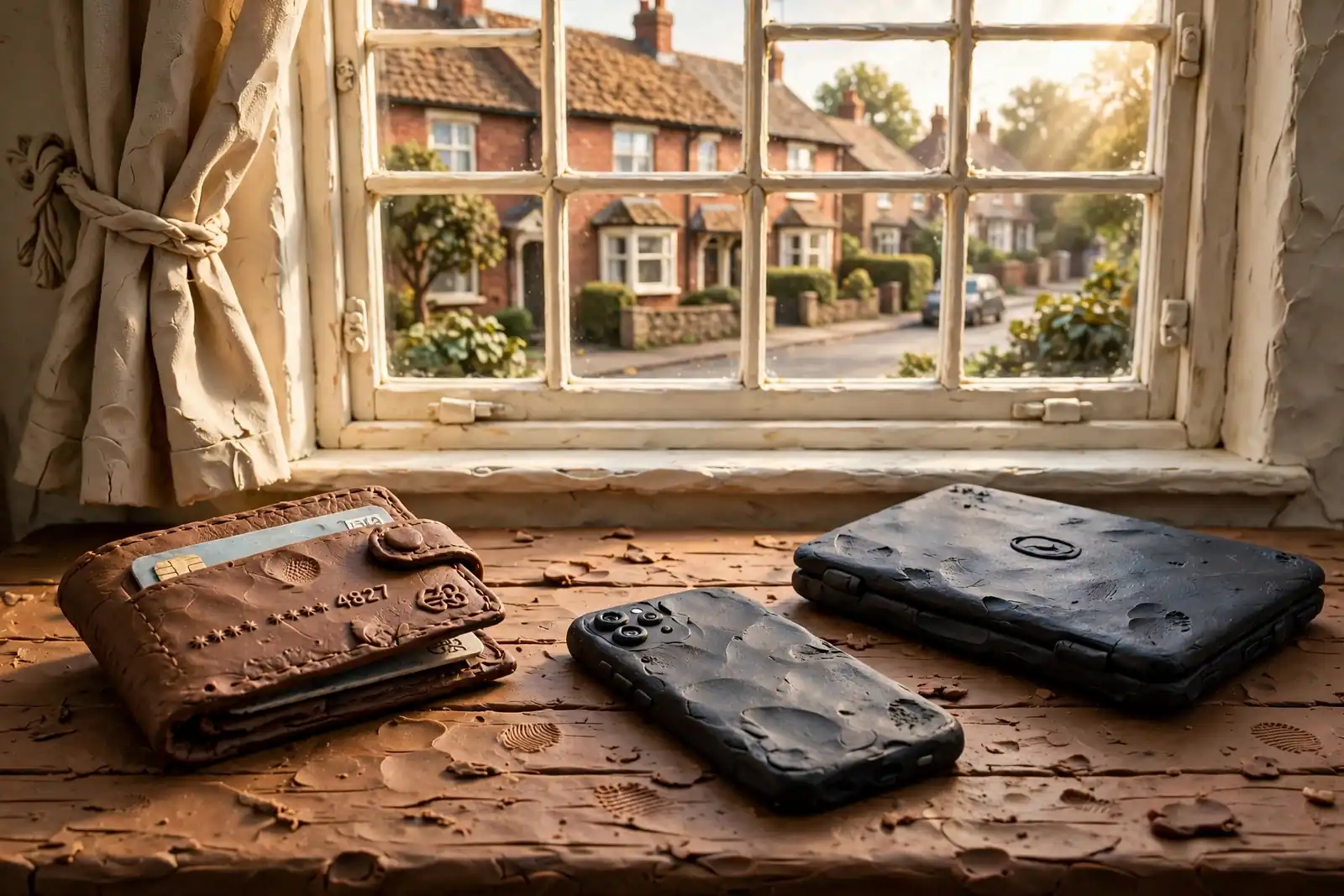 Leather wallet with debit card on British desk by window